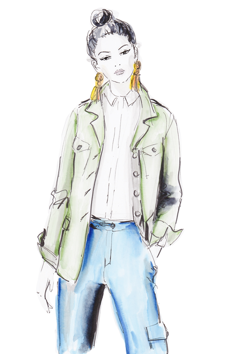 Eine handgezeichnete Modeillustration die eine stehende Frau zeigt bis zu ihren Oberschenkeln. Sie trägt eine blaue Hose, eine grüne Jacke, eine weiße Bluse und gelbe Ohrringe. Sie hat ihr schwarzes Haar zurück gebunden in einem Dutt auf dem Kopf. Der Look zeigt ein Outfit das von der Modemarke RIANI kreiert wurde. Die Mode Skizze wurde von Anna Schwarzer Illustration für einen RIANI Event in Aachen. A fashion illustration showing a woman standing until her thighs wearing blue pants, a green jacket, a white blouse and yellow earrings. She has her black hair slicked back in a bun. The look is an outfit created by the fashion brand RIANI. The illustration was created by Anna Schwarzer Illustration for an RIANI event in Aachen.