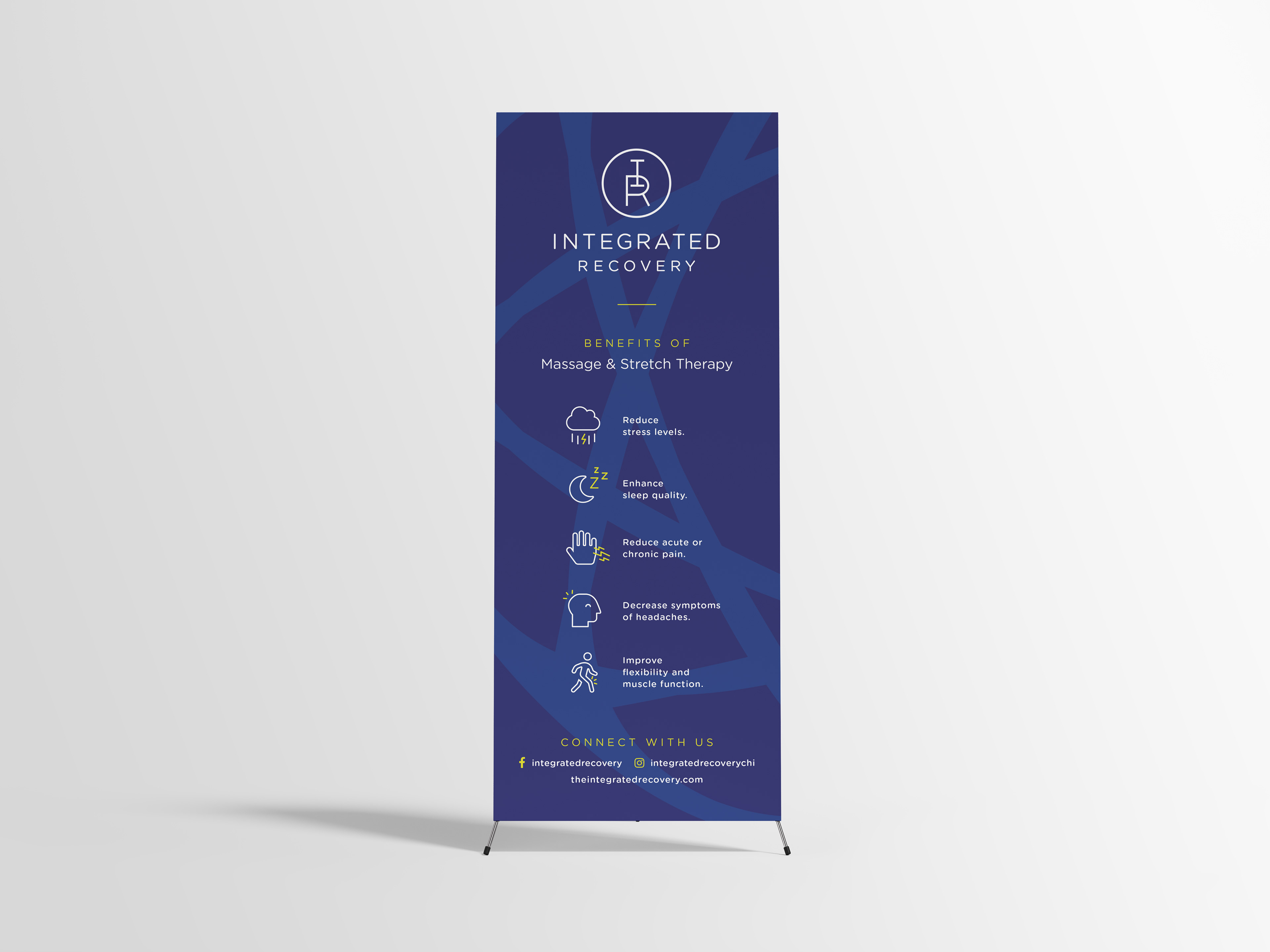 A pop up print banner created for Integrated Recovery showcasing the benefits of massage and stretch therapy.