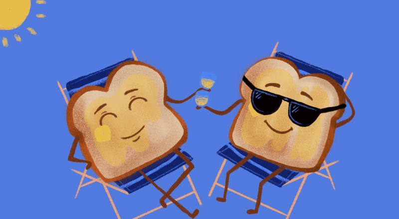 An animation of two pieces of toast relaxing in the sun and raising their glasses..