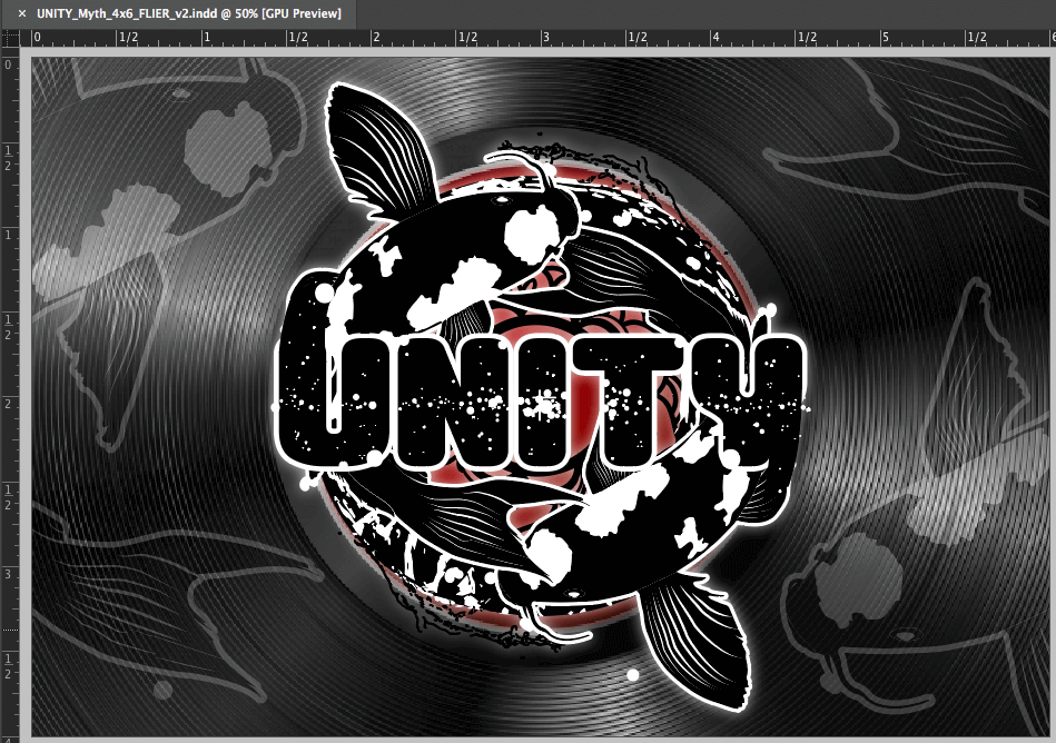 Early concept: Print Design: the client wanted the redesigned 4" x 6" Handout to be horizontal, this is the logo side. The redesign featured the Unity logo on a vinyl record's label with logo elements added over the grooves as a transparent overlay