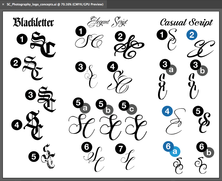 Early Concepts: we narrowed the font styles to down three different types; casual styles were chosen to give the design a more personal touch, acting as the artists signature on their artwork