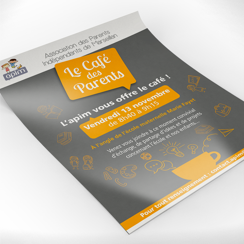Affiche grise et orange pour le café des parents