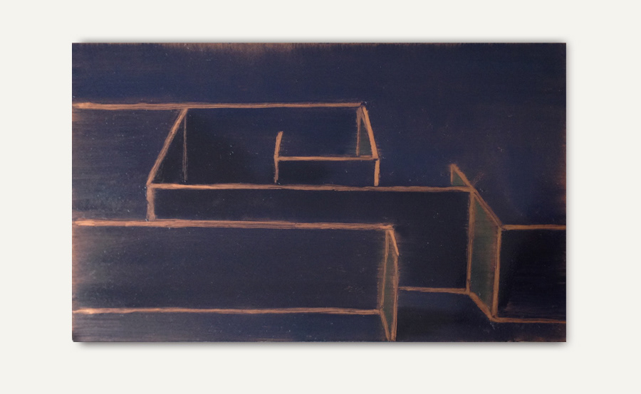 "Insides-outsides", huile sur feuille d'aluminium cuivrée, 9 x 14 cm