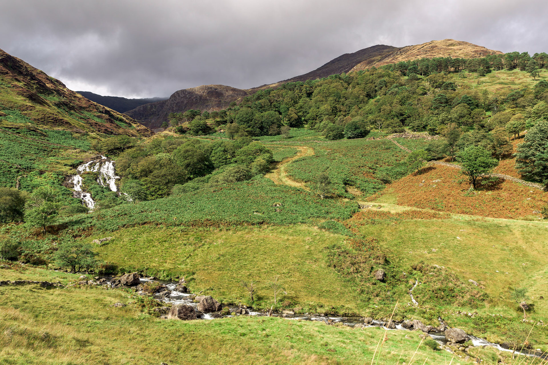 Rapids and waterfalls of Afon Cwm Llan viewed from the Watkin Path Snowdonia National Park, Wales