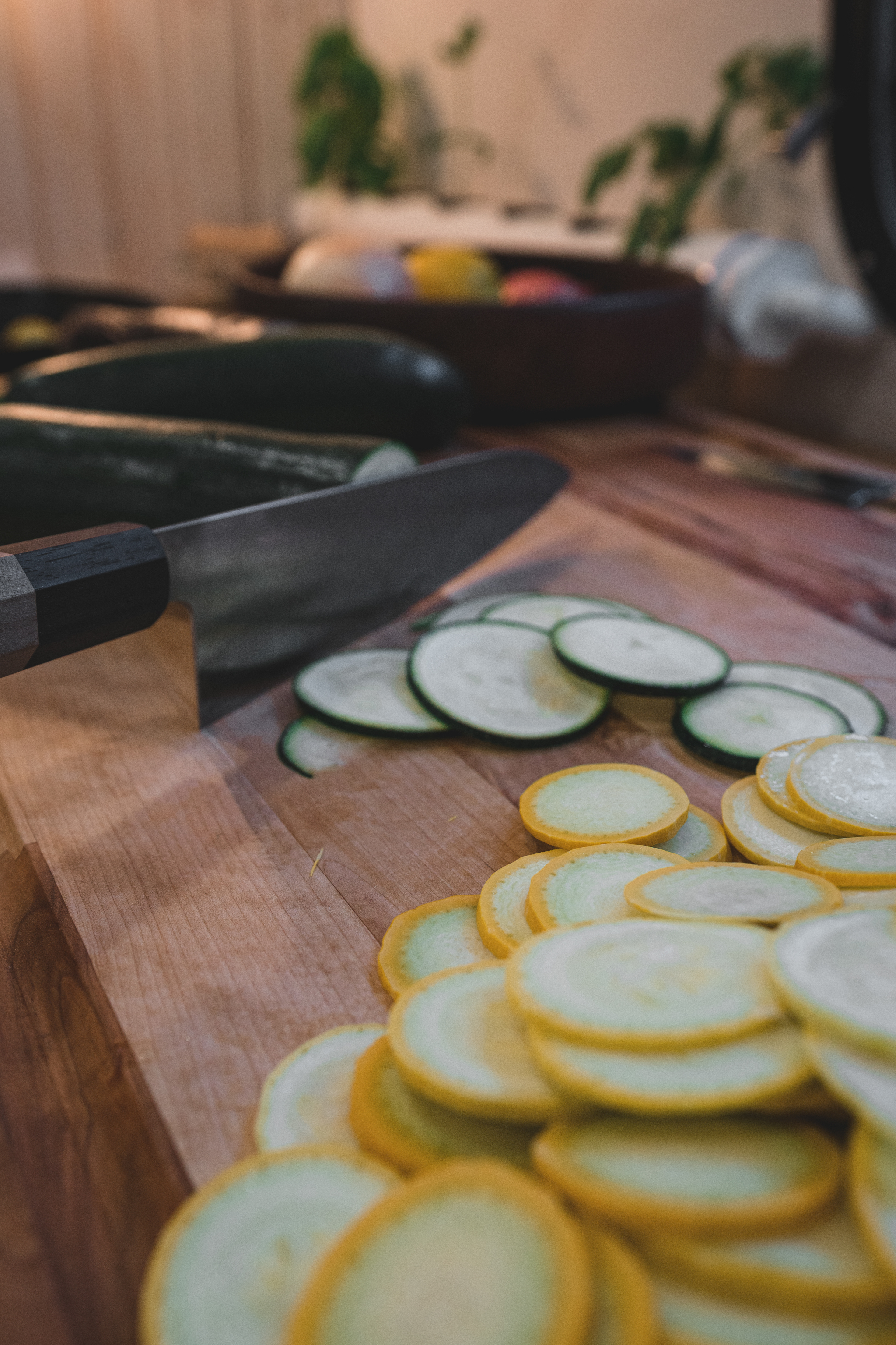 Use a mandolin, or knife, to cut even slices