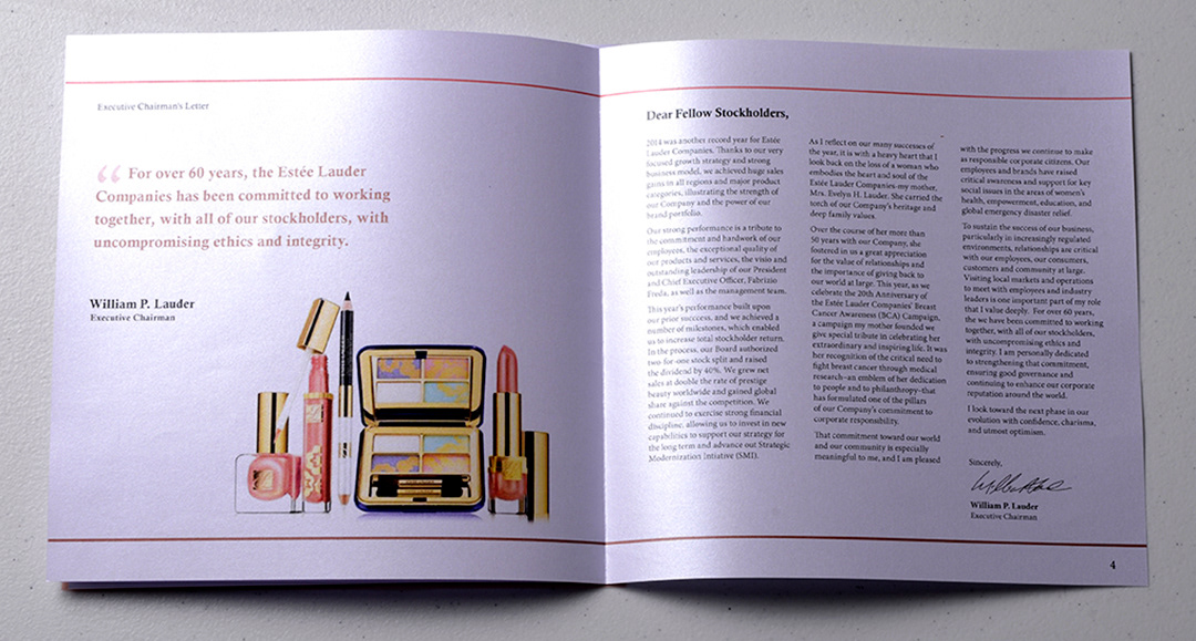 Estée Lauder Annual Report • A spread for the Executive Chairman's letter.