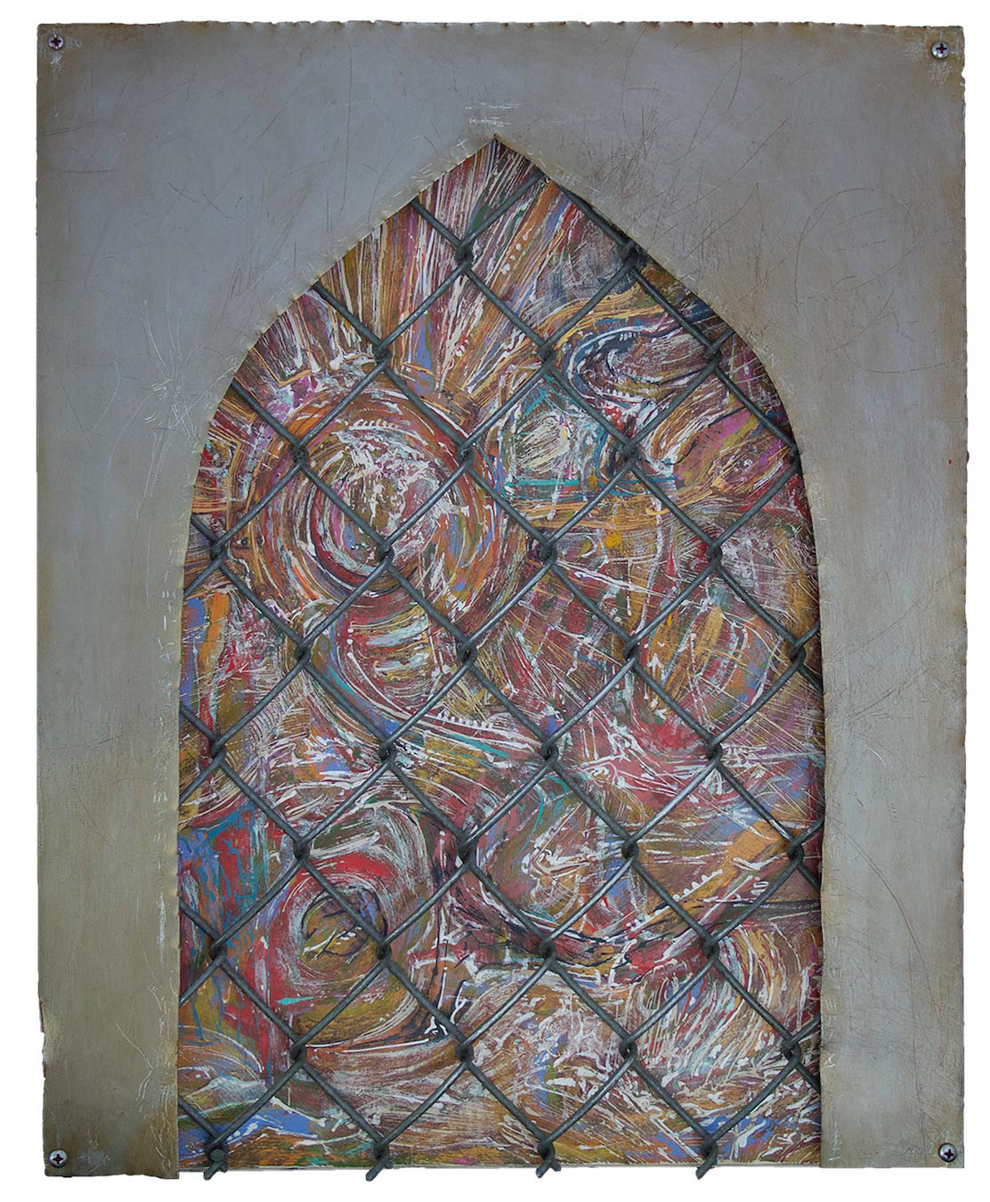Penance. 2020. Acrylic and found objects on wood. 14” x 20”