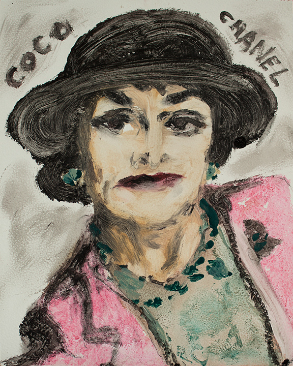 Coco Chanel, Maybelline make-up, wood panel and acrylic sheet, 10 x 8 inches, 2019.