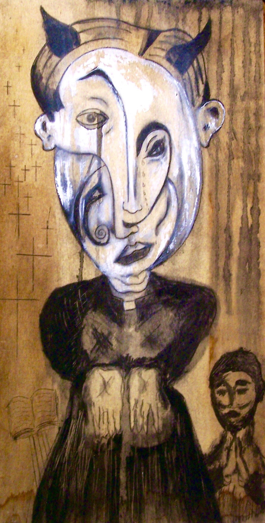 "The Absolved Priest" Acrylic, Ink, Pastel on Wood 12 x 20" (Sold)