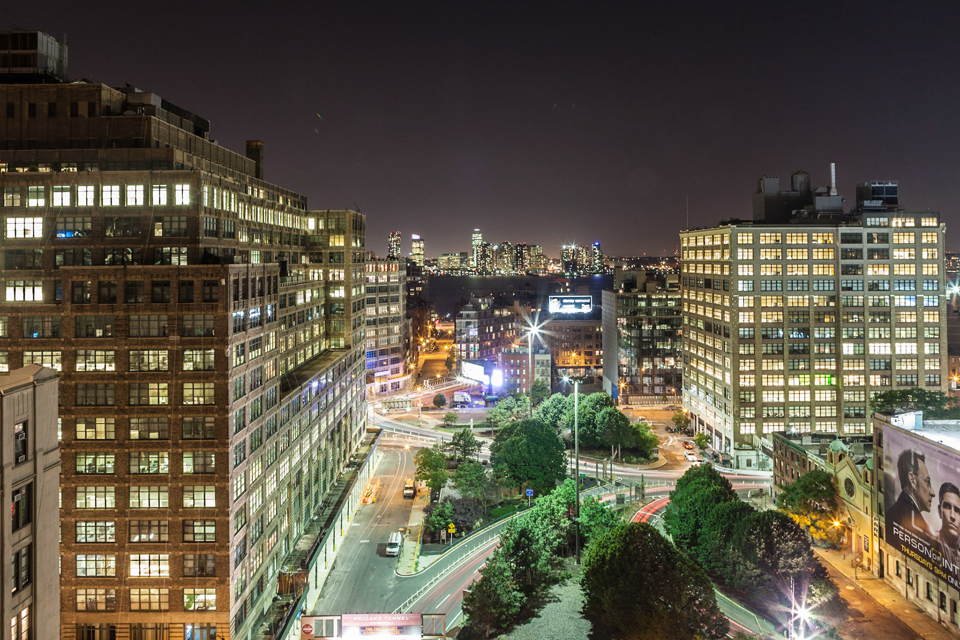 Nighttime view from a Soho roofdeck facing westward, overlooking the Holland Tunnel entrance