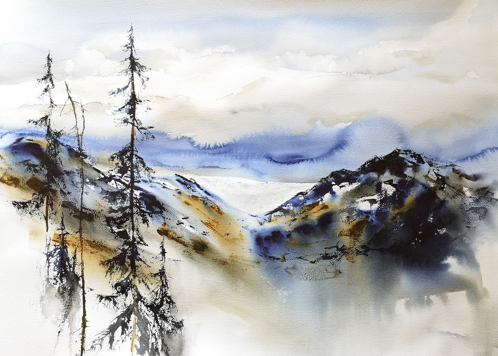 watercolor with mountains