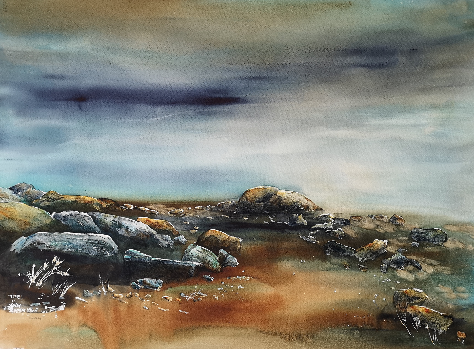 watercolour in blue landscape