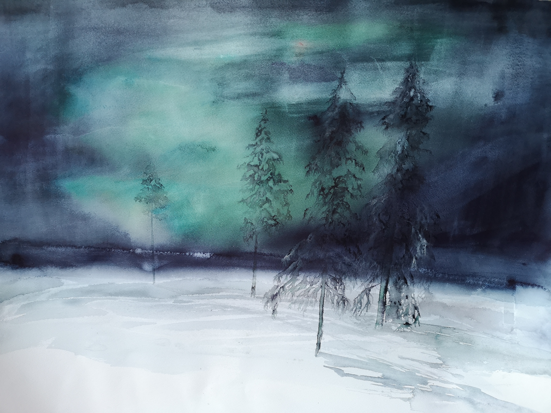 akvarell landskap i grönt