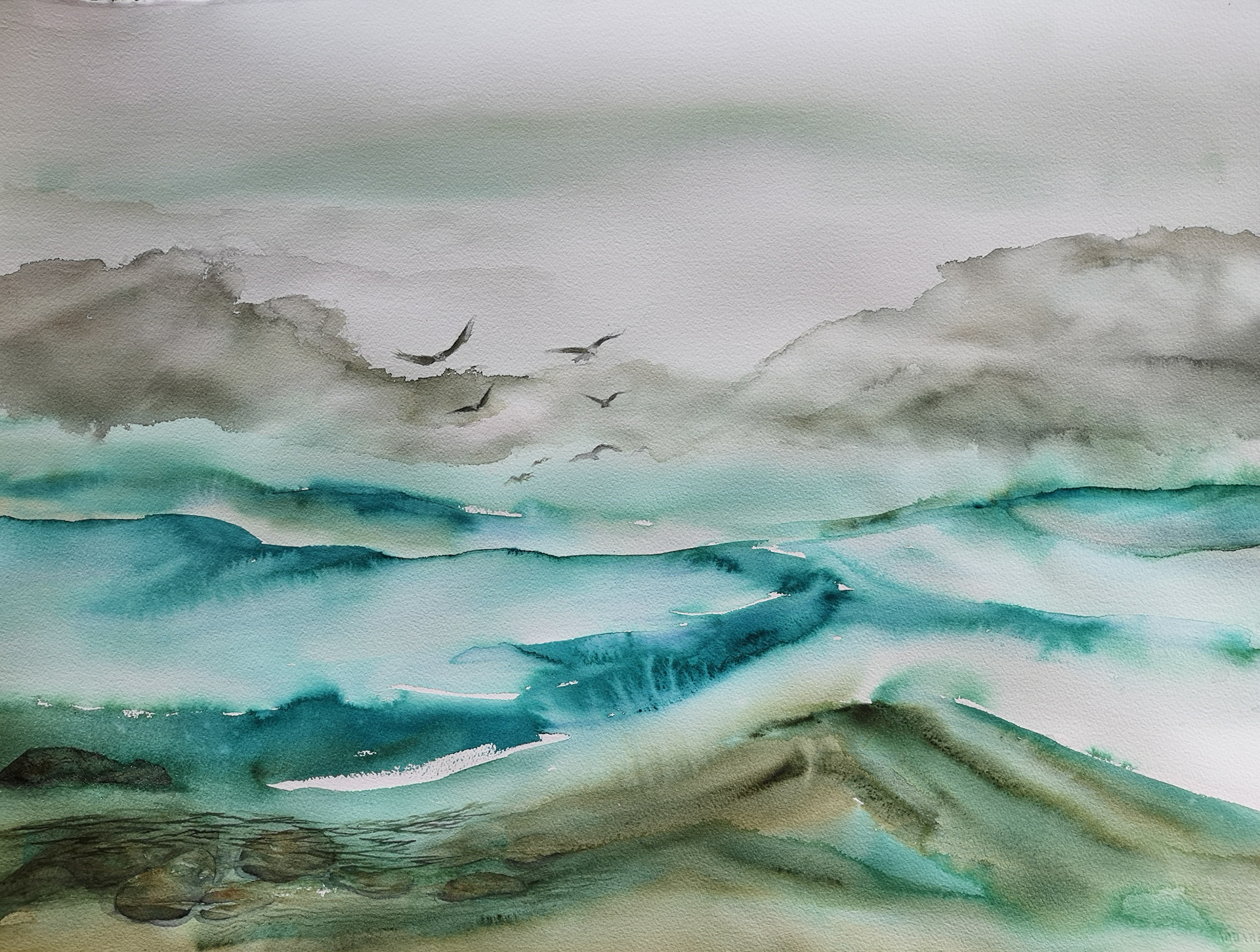 watercolour with wave seascape