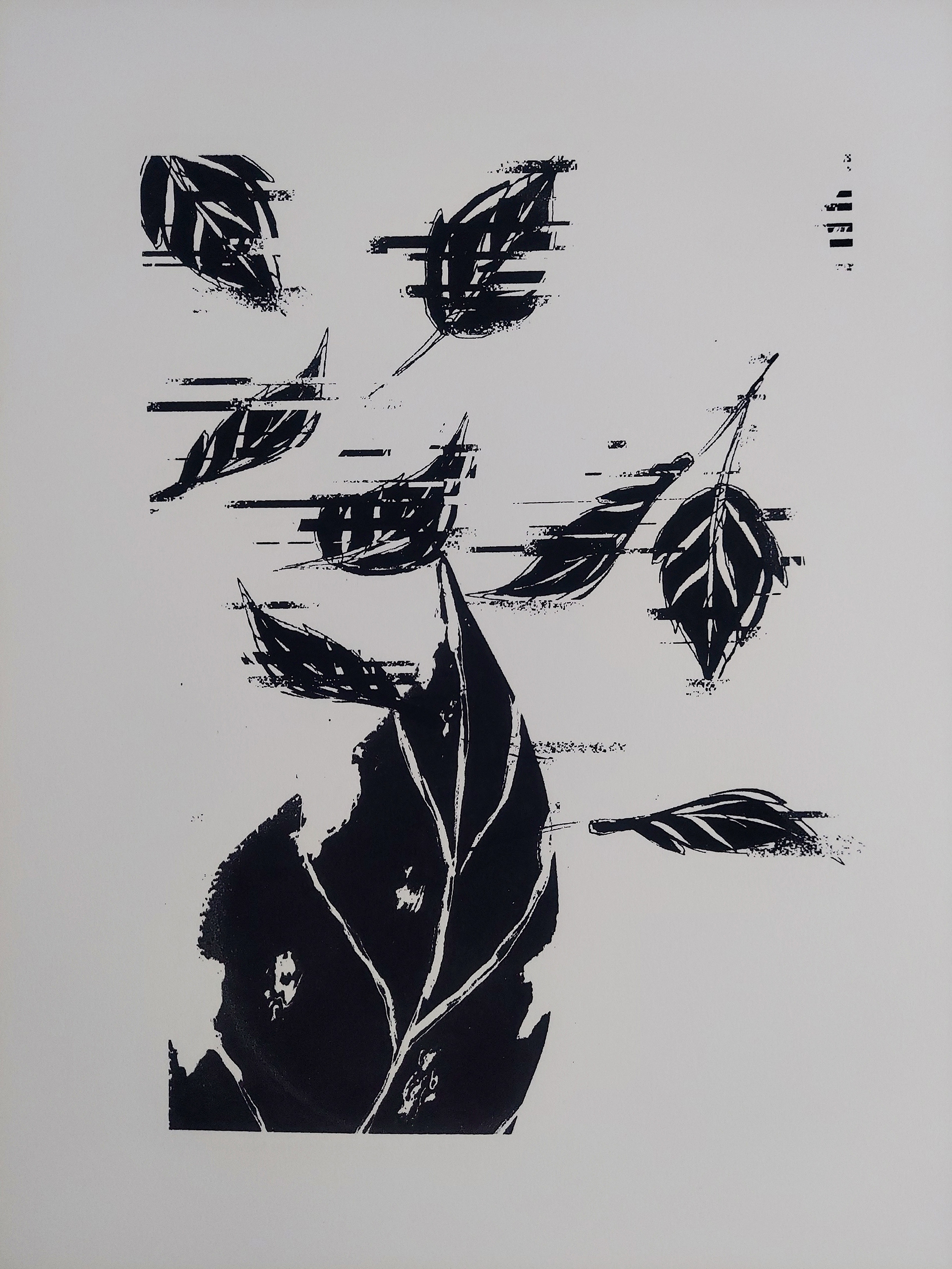 large decaying leaf on foreground and different vector leaves glitching on the background moving towards the right