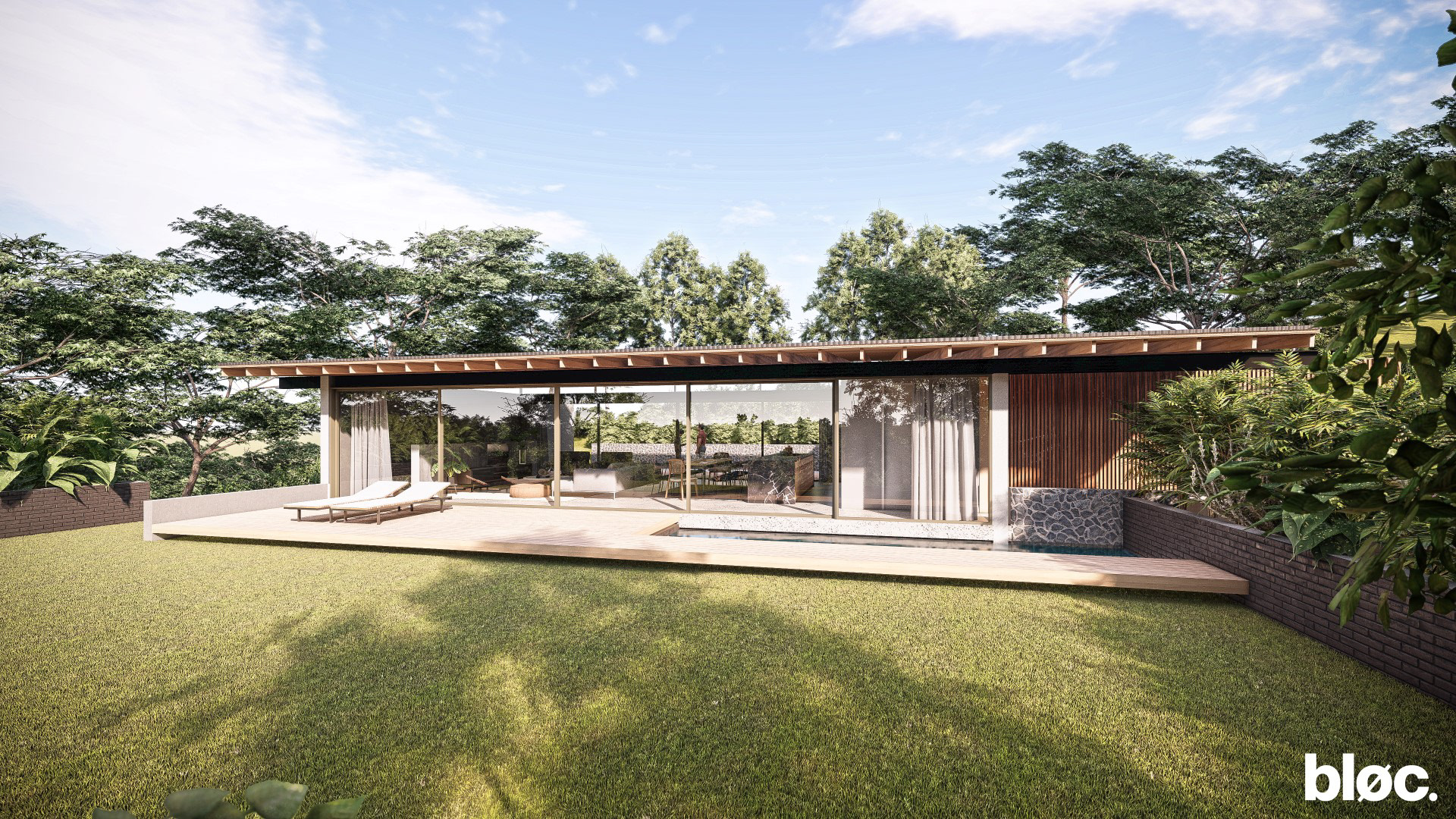 modern residential building with flat planted roof, timber cladding and stone finishes