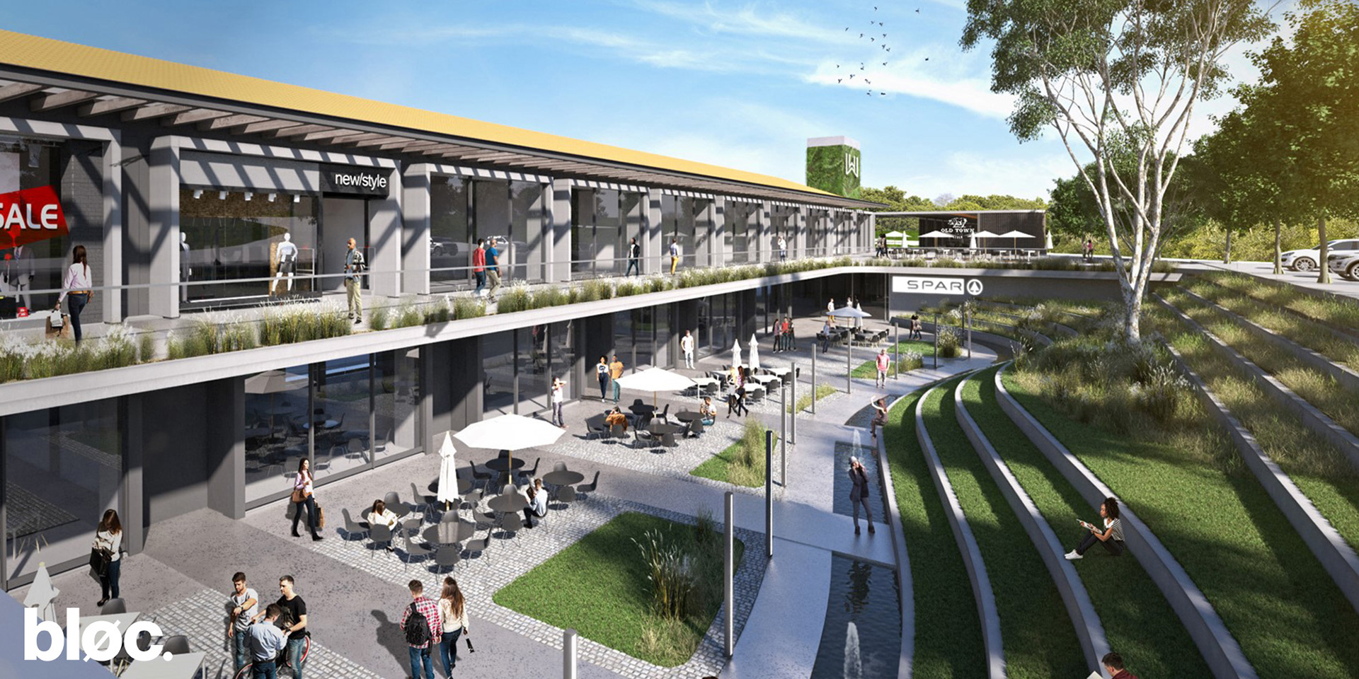 Modern double storey mixed use building with terraced steps