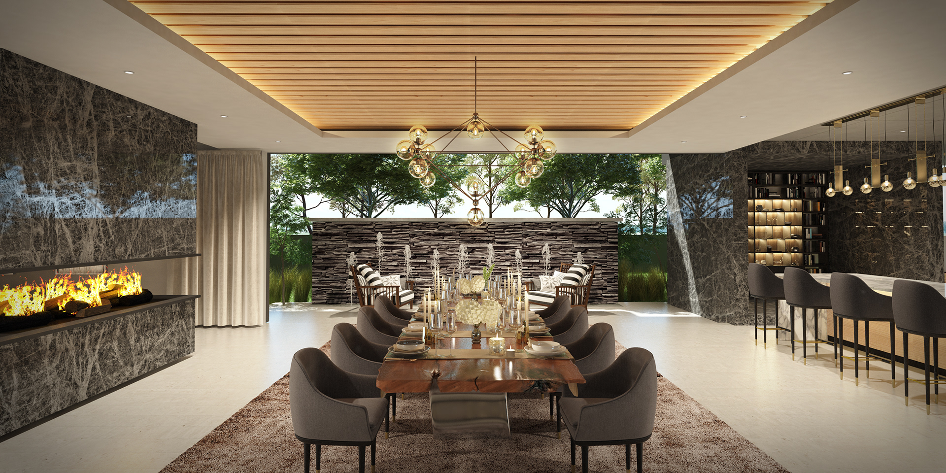 Modern open plan kitchen & dining room with a fire place