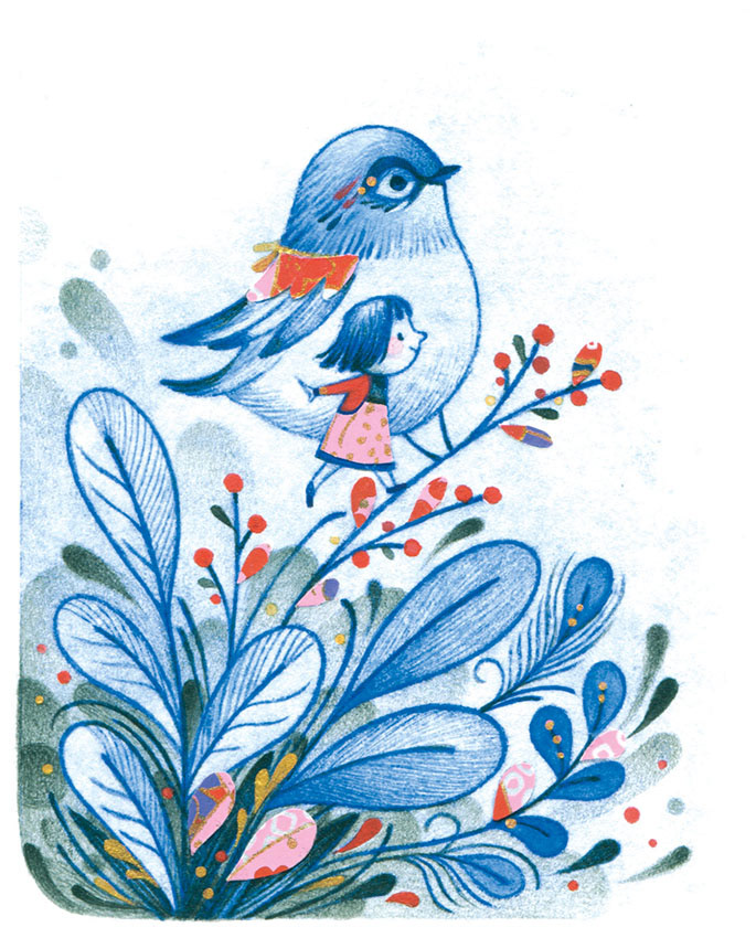 Illustration of a little girl and a bird friend taking flight. Color Variant. Art by Gaia Bordicchia