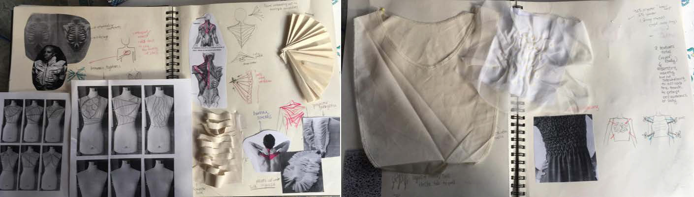 Material and Conceptual Sketches for the two wearable designs.