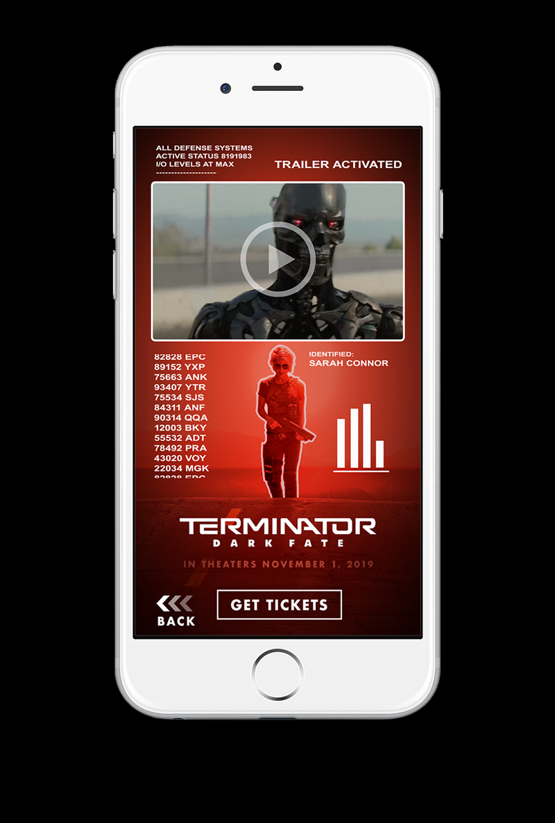 4. A short animated sequence turns the ad into the classic Terminator red POV. The movie trailer appears and begins to play. A CTA drives to ticket purchase.