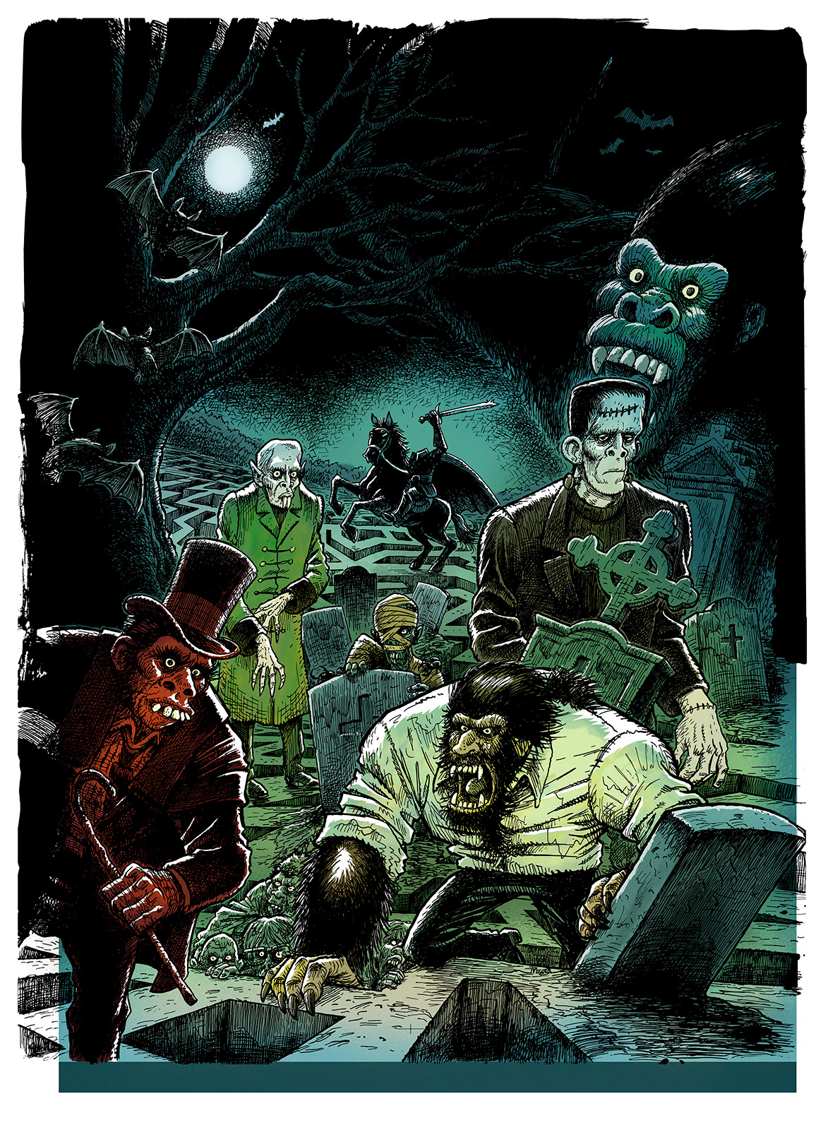 Horror, monstre, illustration, Miwer, tegning, drawings, bog, book, udgivelse, publishing, mazes, labyrinth, labyrint, findebog, Forlaget Carlsen