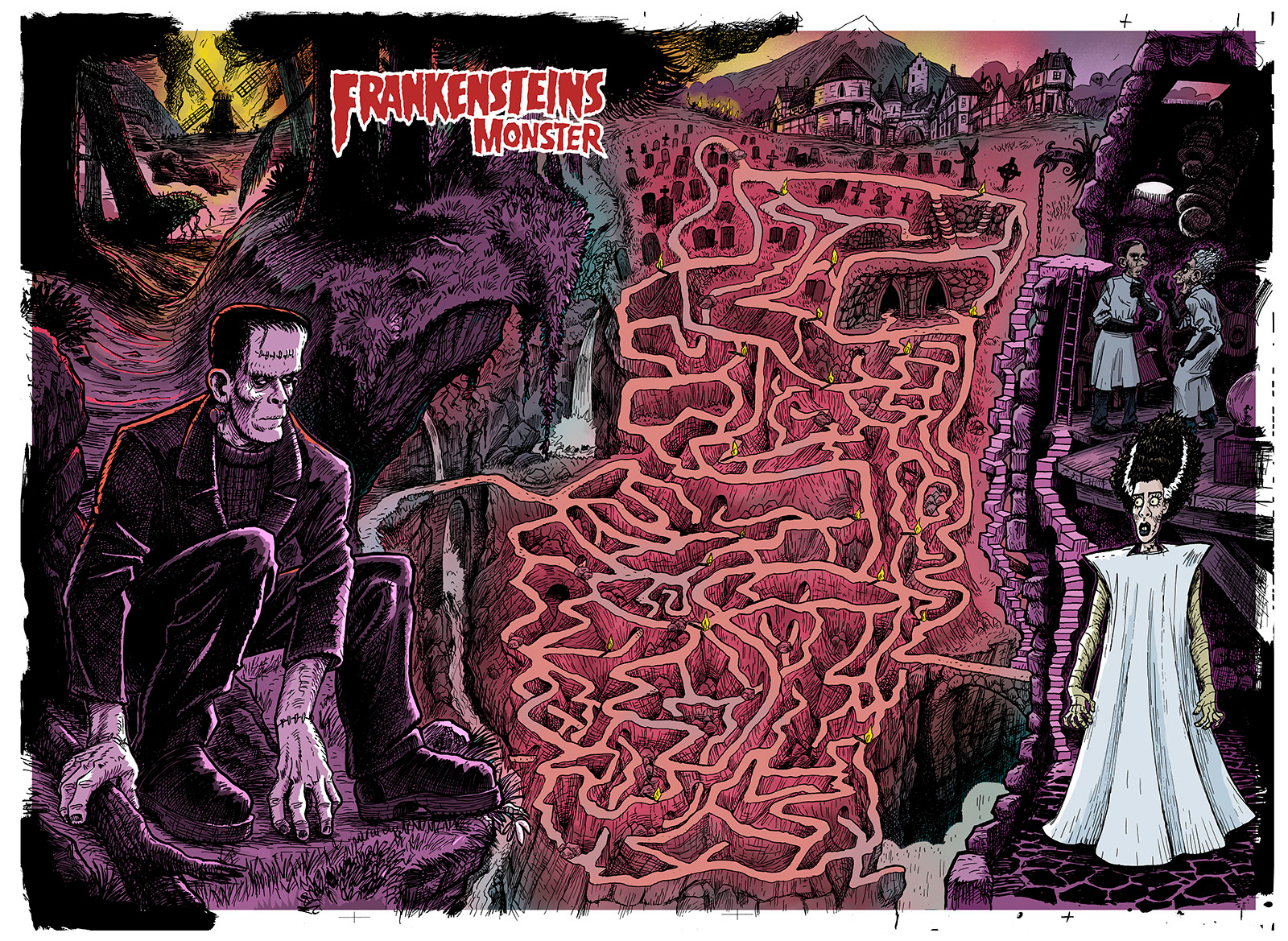 Horror, monstre, illustration, Miwer, tegning, drawings, bog, book, udgivelse, publishing, mazes, labyrinth, labyrint, findebog, Forlaget Carlsen