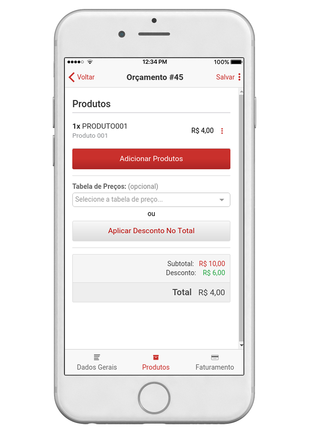 Lista dos produtos adicionados