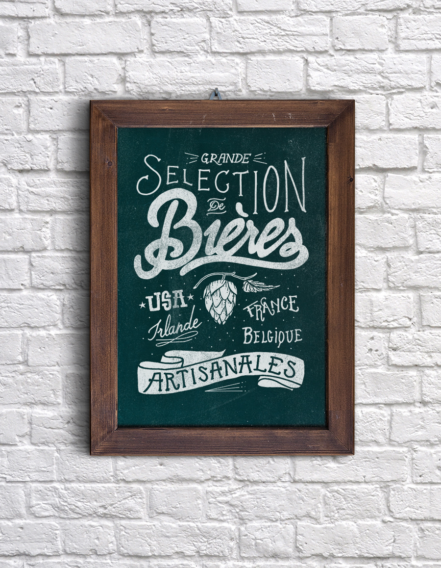 illustration sur ardoise d'un tryptique à base de typographies, le mot est bières