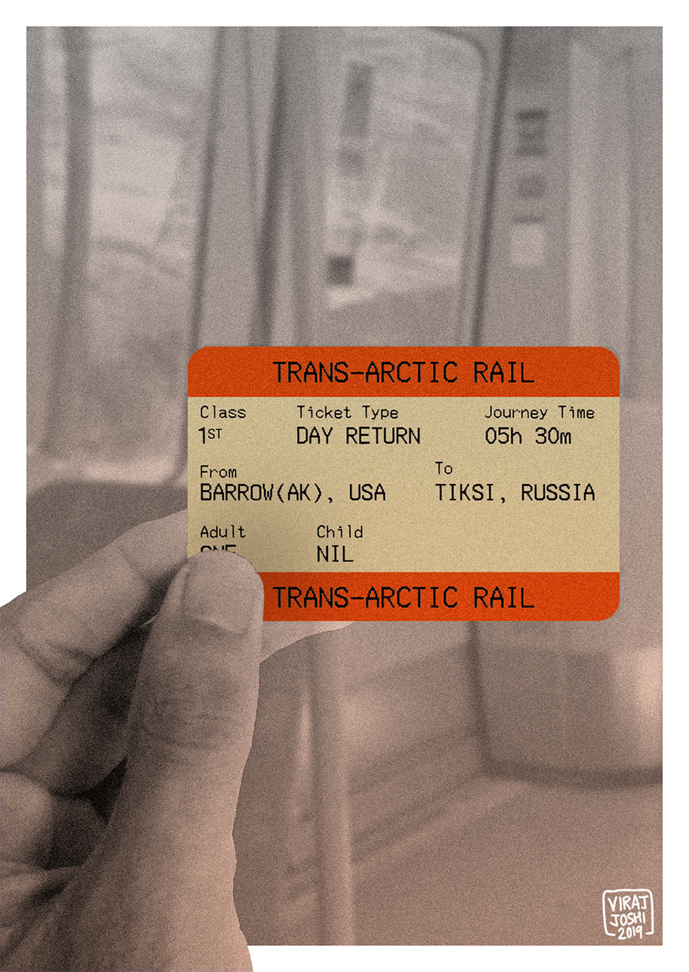 001 The Trans-Arctic Rail Ticket: With climate change looming over us, most of the Arctic ice will melt by the year 2030. Countries around the Arctic Circle have already started talking about a new “Arctic Silk Route” to make trading easier, cheaper and faster. Capitalist utopia / environmental dystopia.
