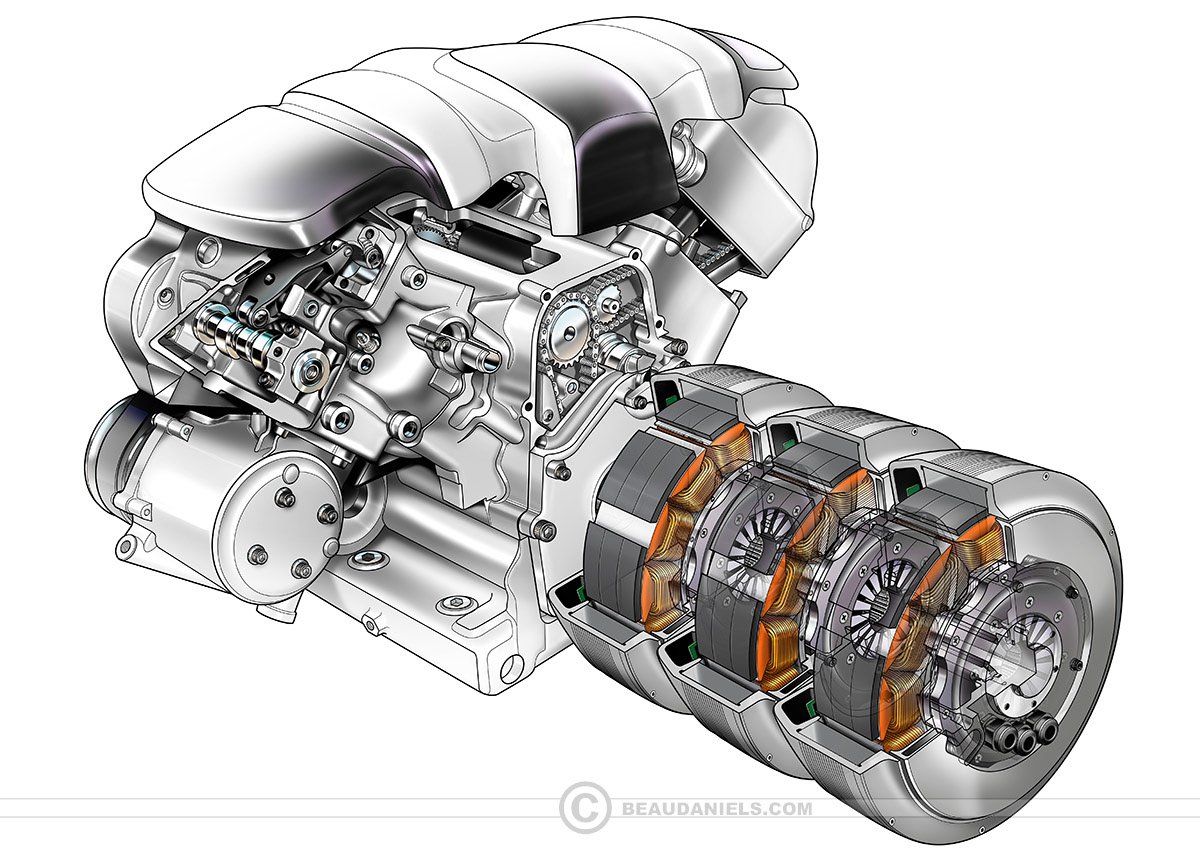 EMC hybrid engine, Cutaway to show the modular configuration.