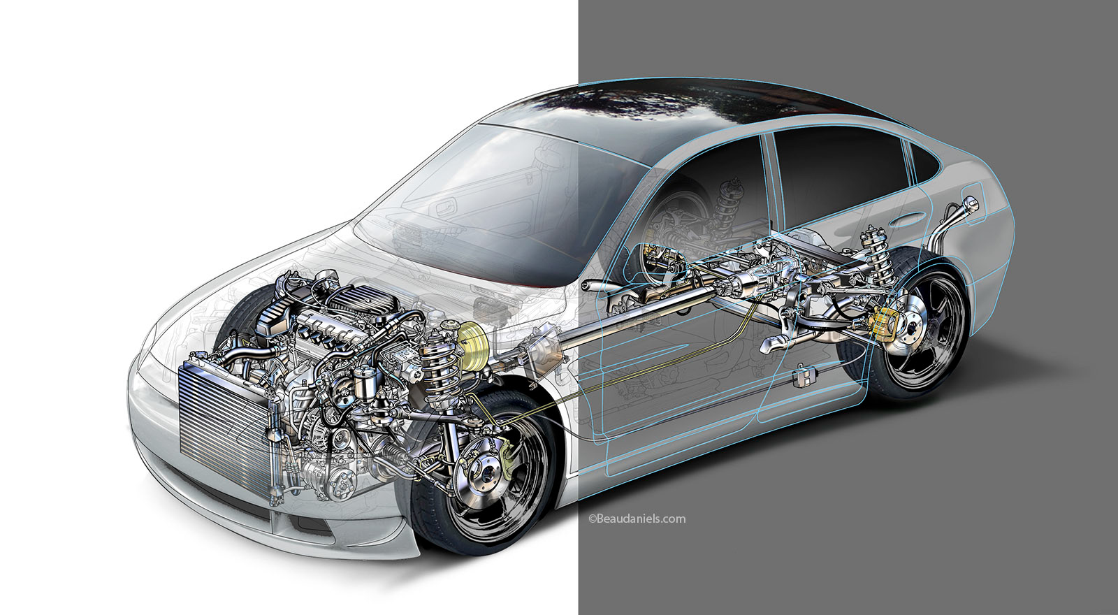 Three quarter front view of a cutaway vehicle.