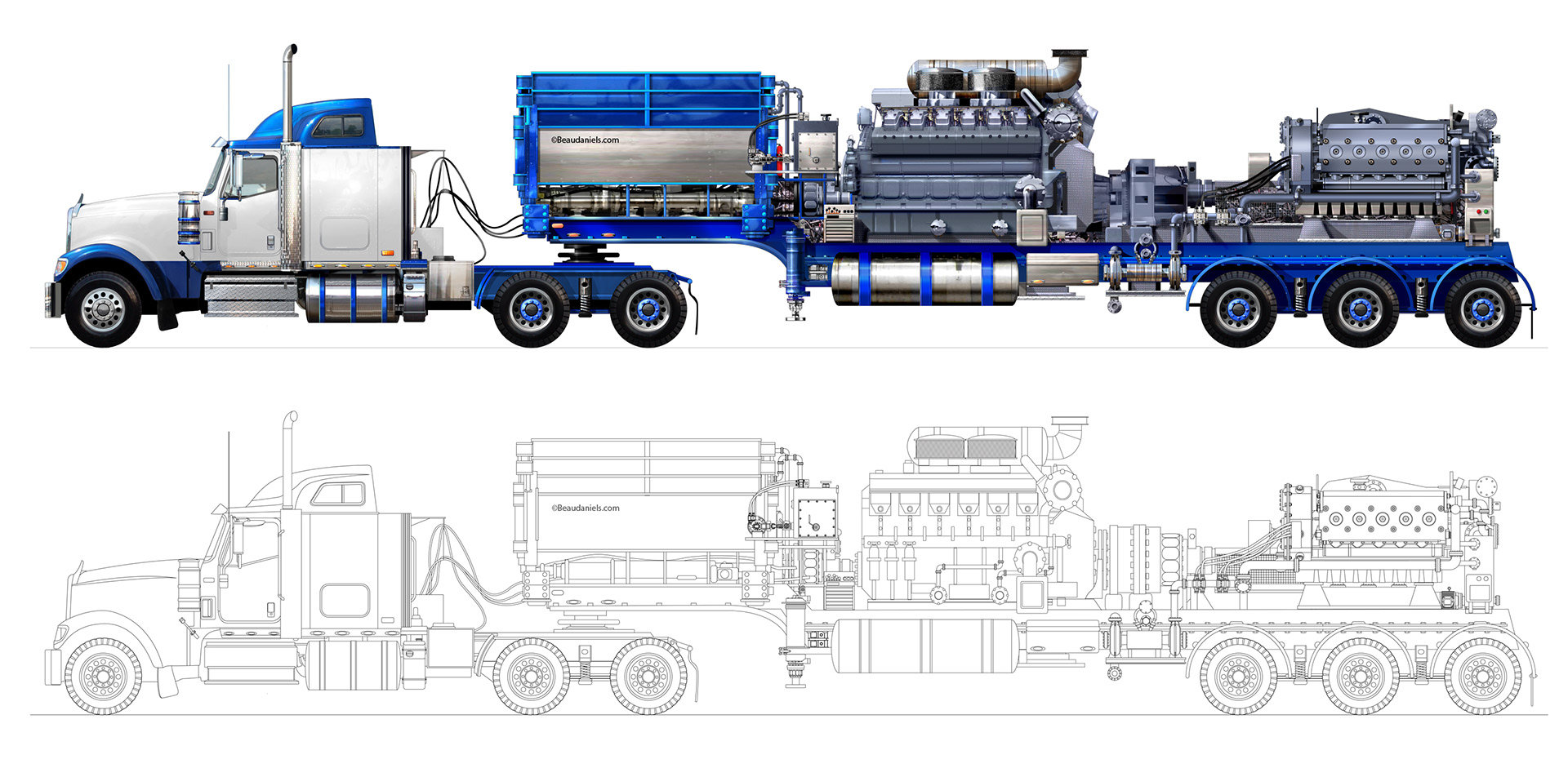Fracking truck, final photoshop illustration and the illustrator line art that we created.