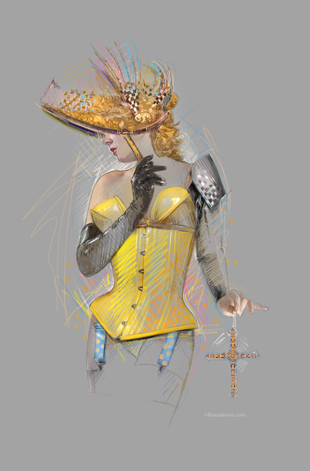 "Yellow Corsette" Fetish Pinup sketch. Oh, please I am shy.