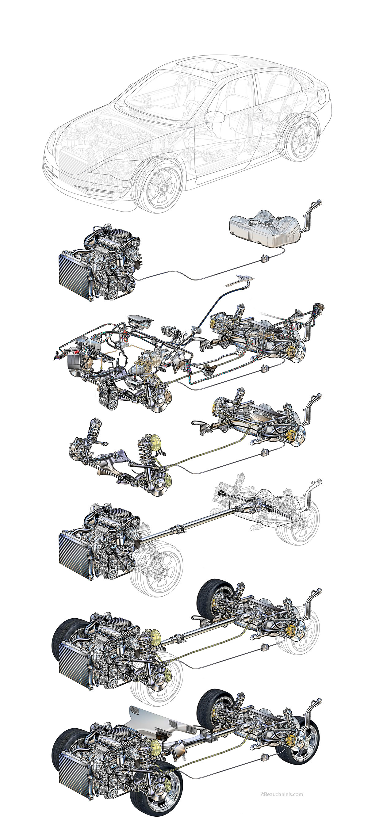 Exploded style technical illustration of a gneric vehicle.