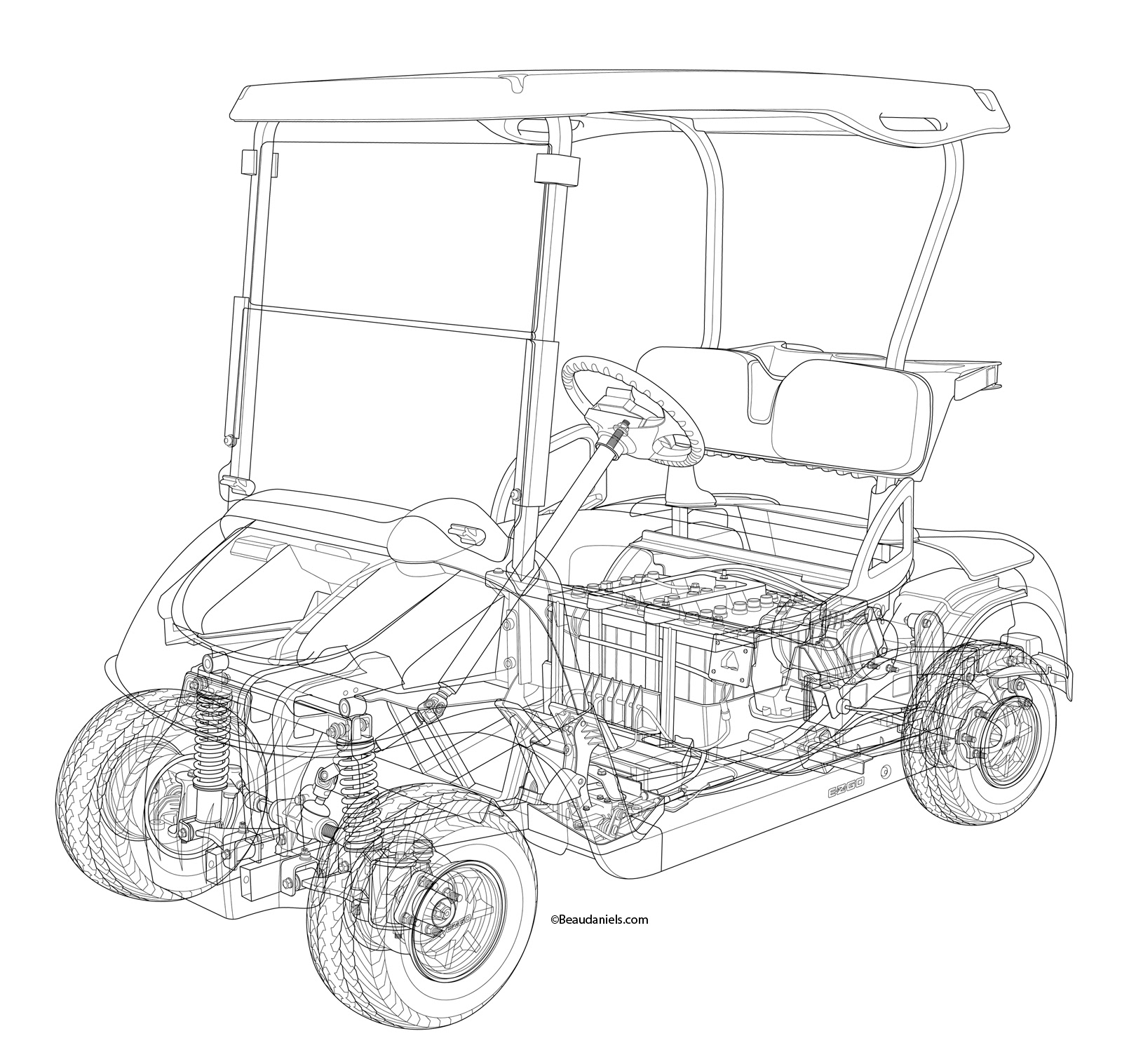 Golf cart Line art. The line art that we made in illustrator, so that we could paint it in photoshop.