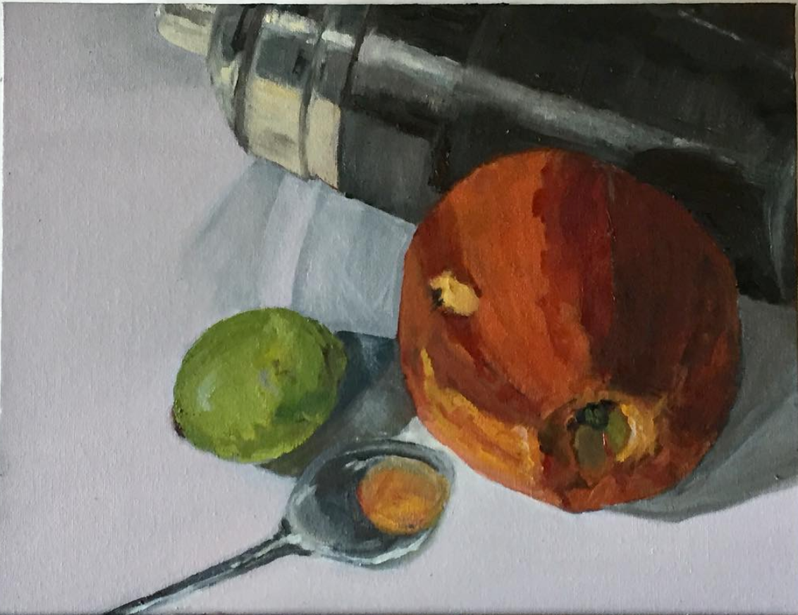 Still Life With Apple, Cocktail Shaker, and Lime, 2018, Oil on Canvas