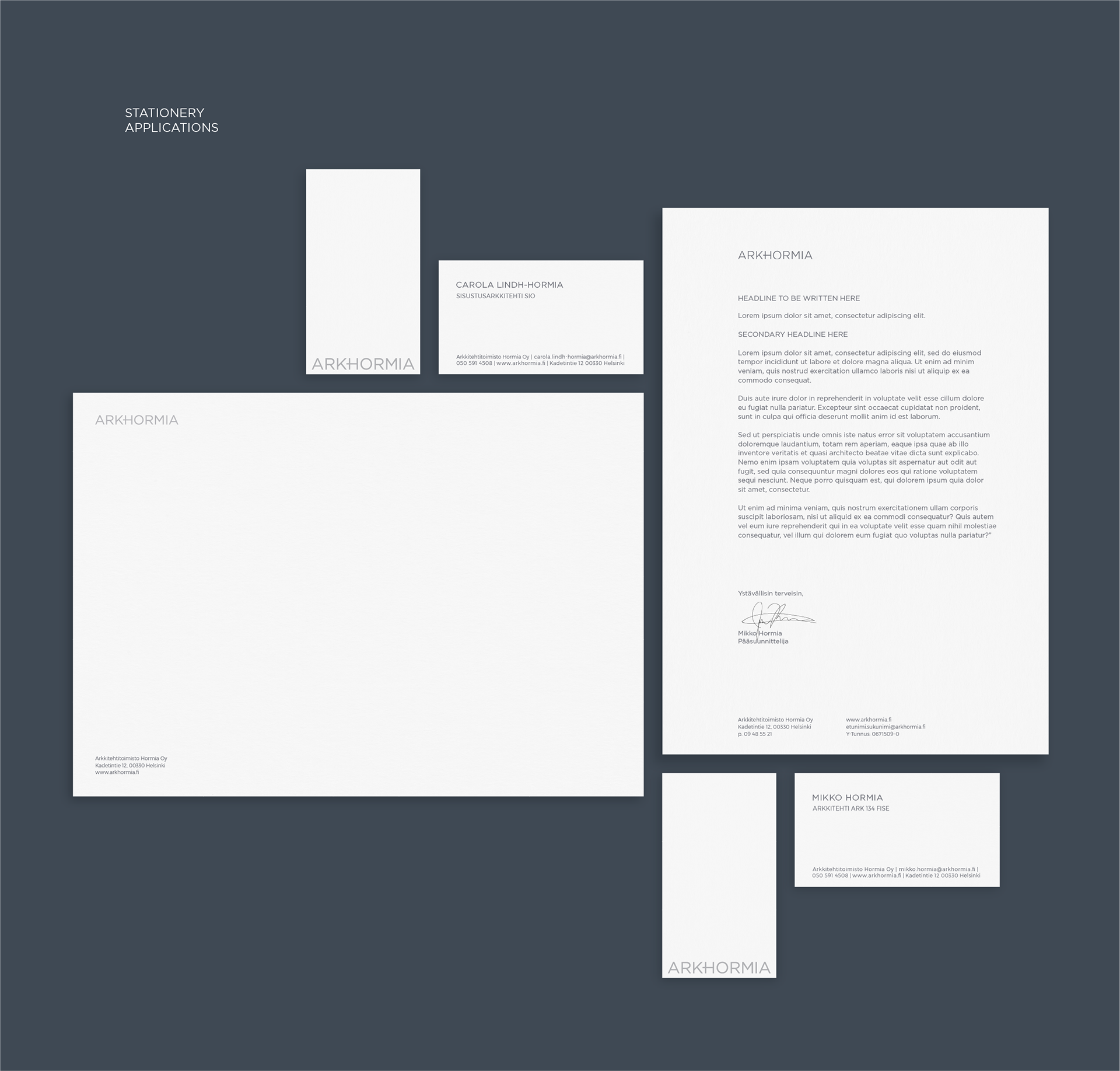 Brand Identity and Web Design for Architecture firm Arkhormia. Through the gestalt principles of Modernist Design as a foundation, the company has strived to create functional, sustainable and long-lasting architecture and interior solutions since the year 1987. The identity needed to be modernised and more structured from not having been touched for years. The new identity reflects the firm's high appreciation and use of Modernist and Scandinavian Architecture and Interior Design.