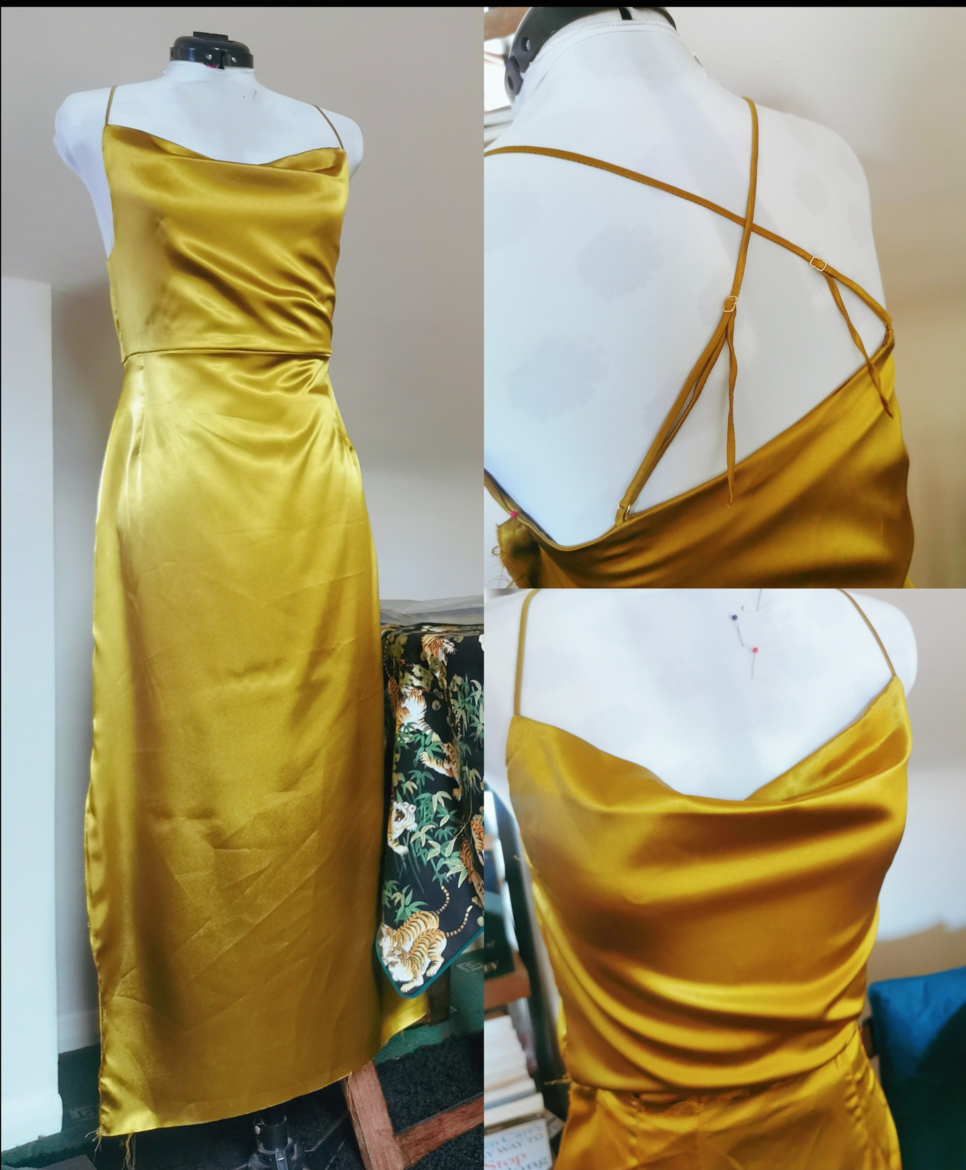 (Designer, Pattern Cutter & Machinist) Silk satin cowl neck dress with slit and cross over back