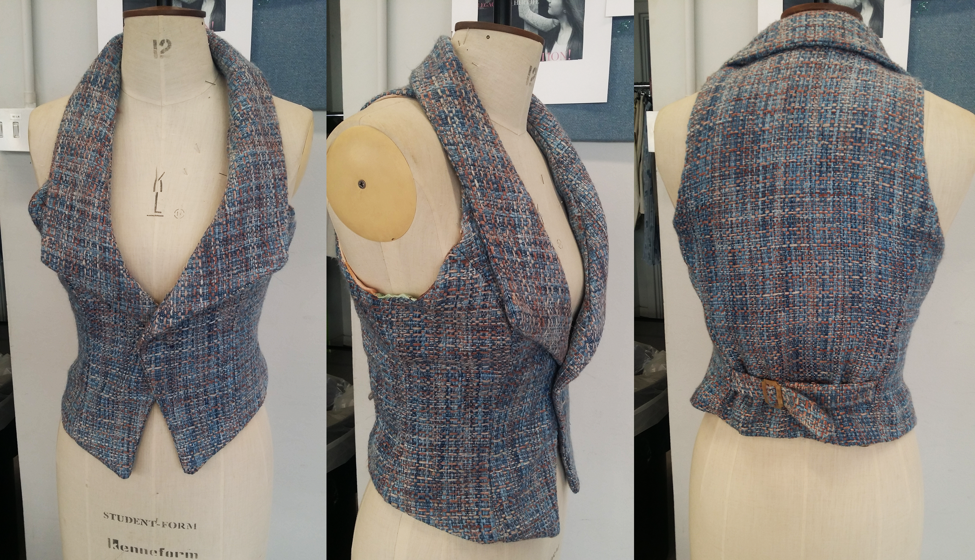 (Designer, Pattern Cutter & Machinist)Tweed waistcoat with contrast satin lining