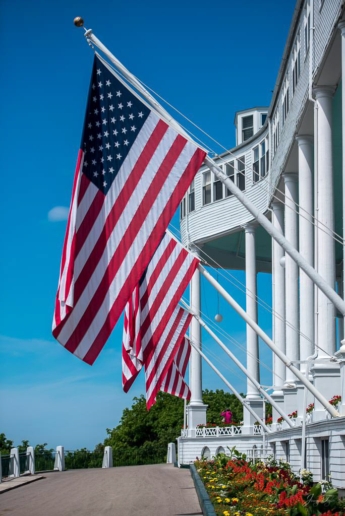 Beautiful Blue Skies and Flags with The Grand Hotel, Mackinac Island
