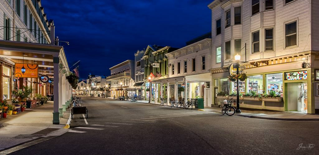 The best photos of Mackinac Island at Night. Main Street at night.
