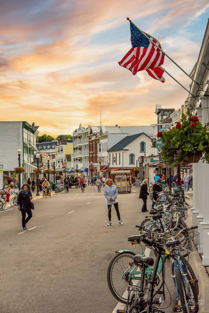 Sunset skies early evening on Main Street, Mackinac Island