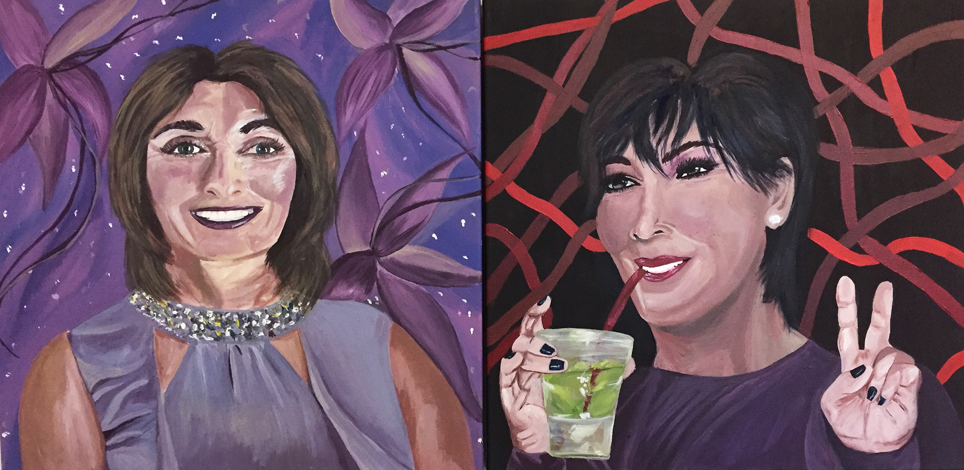 Hero/nemesis painting. I painted and compared my mom (left) to Kris Jenner(right). I used a mostly purple color scheme. My mom uses a wide variety of purples that lighten her personality. As seen in parts of her dress and face, I also incorporated some yellow to emphasize her features. For Jenner, I uses a darker purple in her shirt to connect the two moms, but used darker colors, like the black and red, to emphasize her being the "nemesis" in this situation. I took the concept of hero/nemesis to explain the personalities of both mothers. My mom is the "every-day", down-to-earth, typical mother. She is always available and loves being around her family. Kris Jenner depicts the superficialness of most celebrity moms. She's more into looks and appearance, and as depicted, always has a drink in her hand. While she too loves her family, she has a more carefree personality.