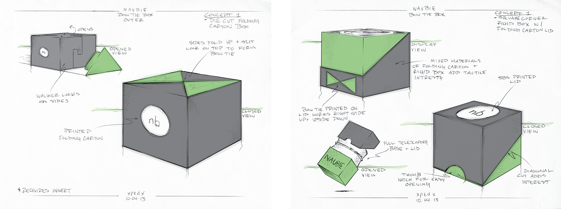 Concept sketches for Naubie's bow tie packaging designed by Andrew Thompson