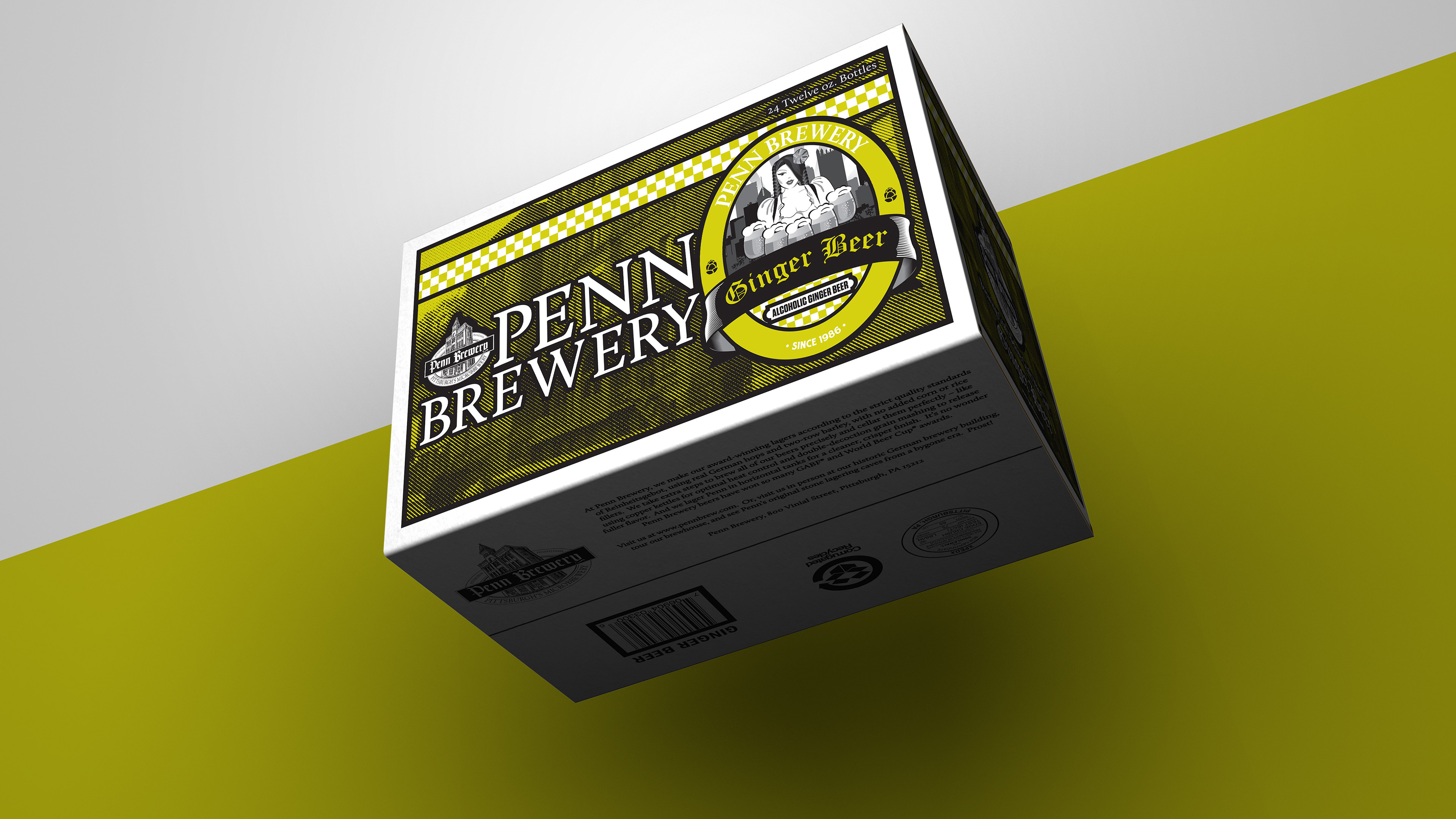 Photoshop 3D Rendering of Penn Brewery's, Ginger Beer 24 pack corrugated case designed by Andrew Thompson