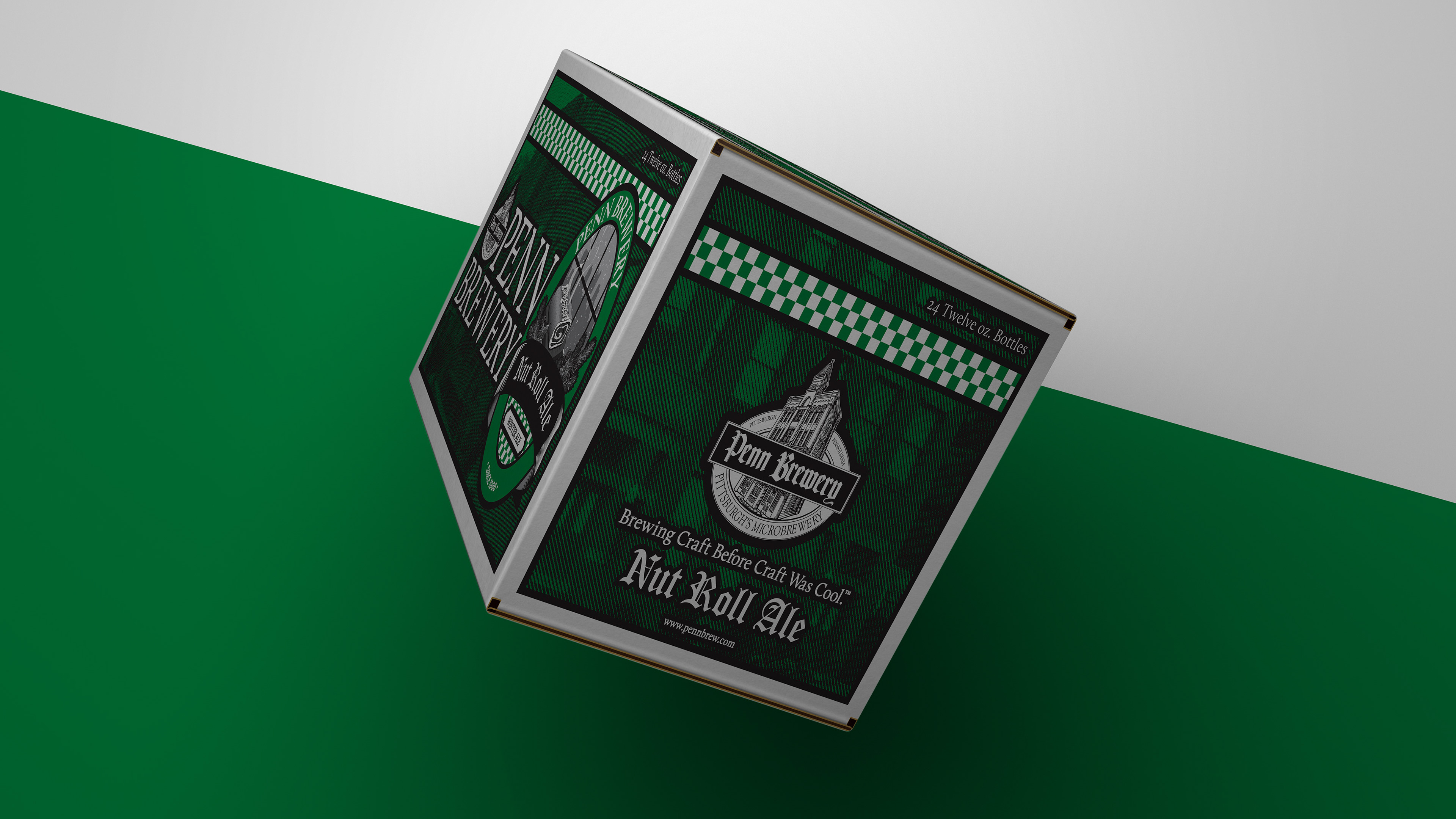 Photoshop 3D Rendering of Penn Brewery's, Nut Roll Ale 24 pack corrugated case designed by Andrew Thompson