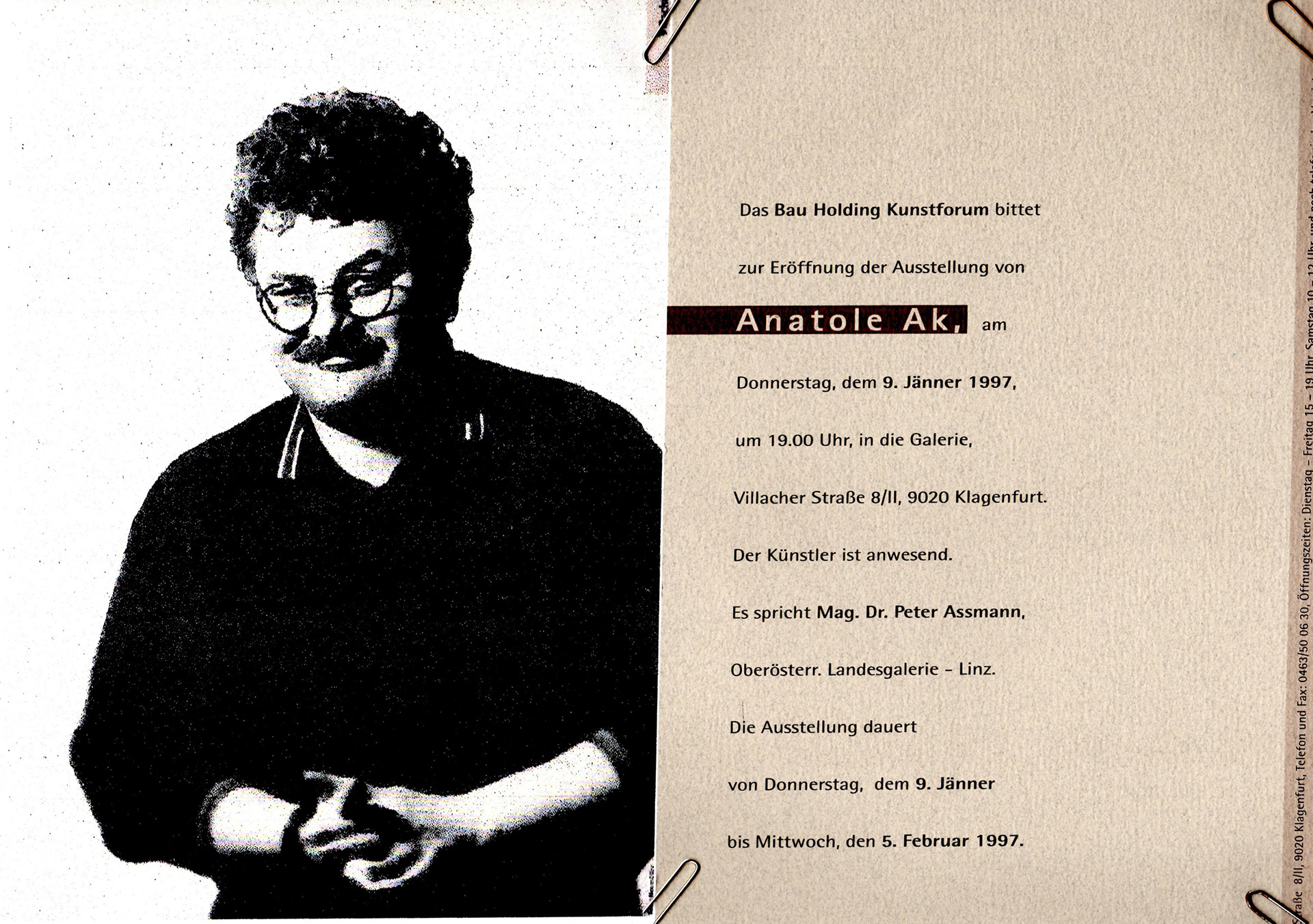 Einladung zur Vernissage in Klagenfurt im Jänner 1997