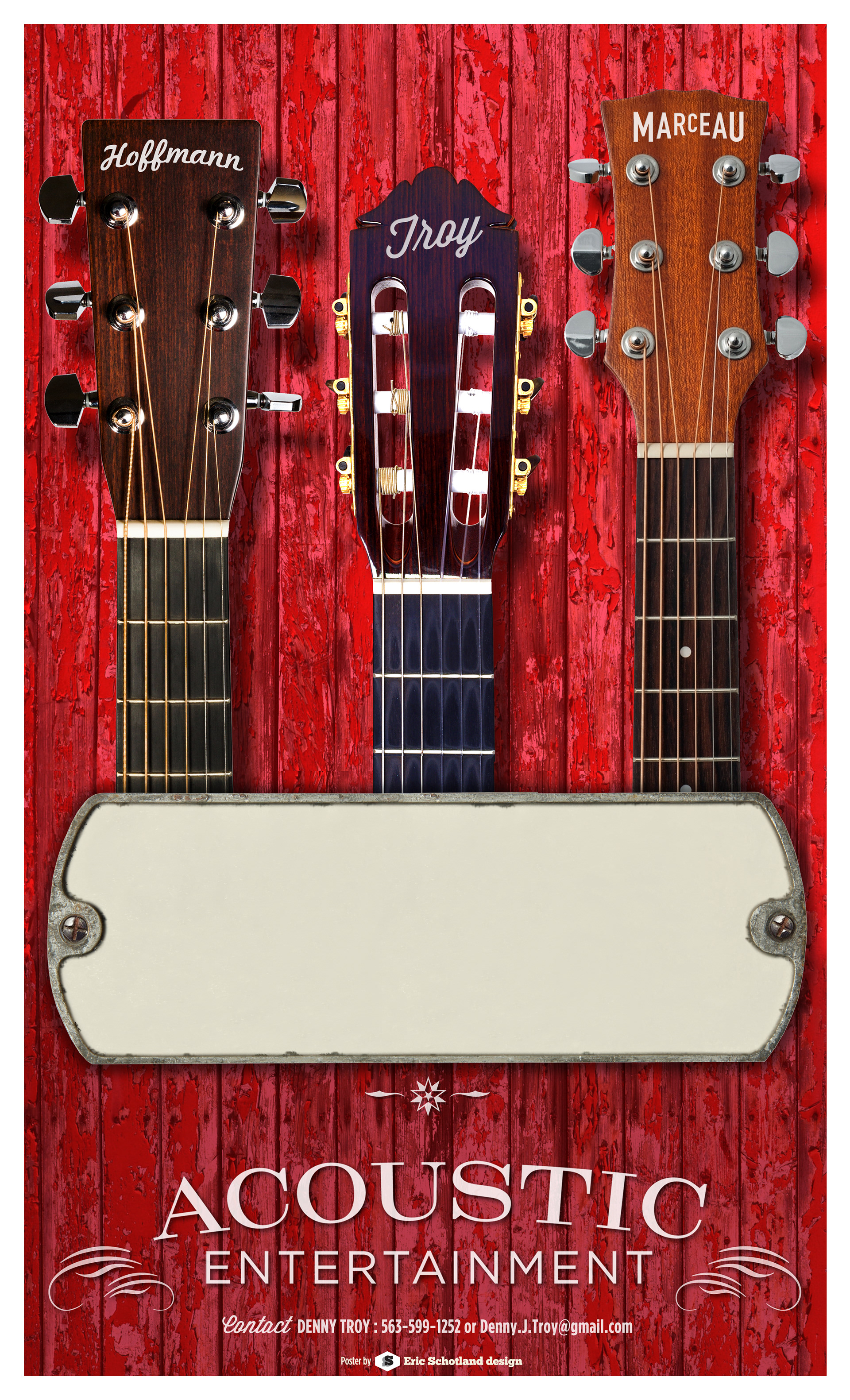 Poster for popular Dubuque, Iowa based band Hoffmann, Troy and Marceau depicting three acoustic guitars on a red-colored weathered wood background by Eric Schotland