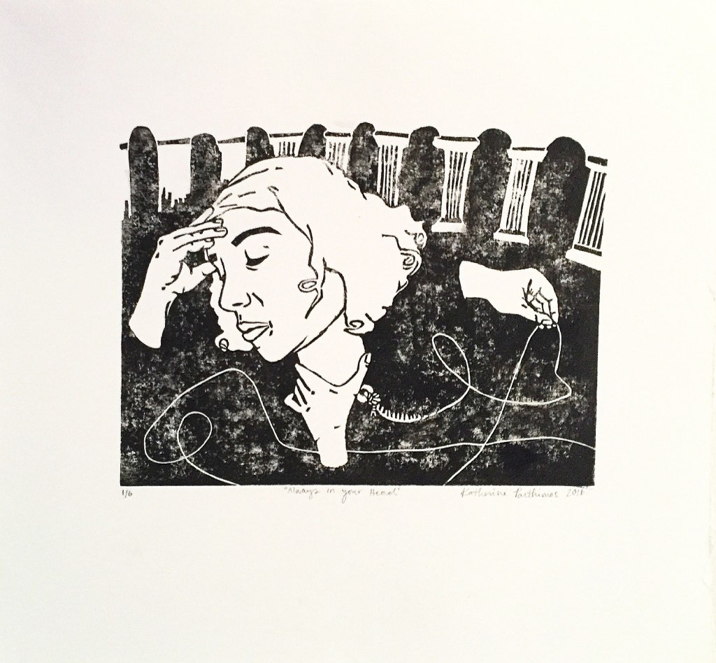 “Always In Your Head” Approx. 14″ x 11″, Linocut print on paper, 1/2, 2016